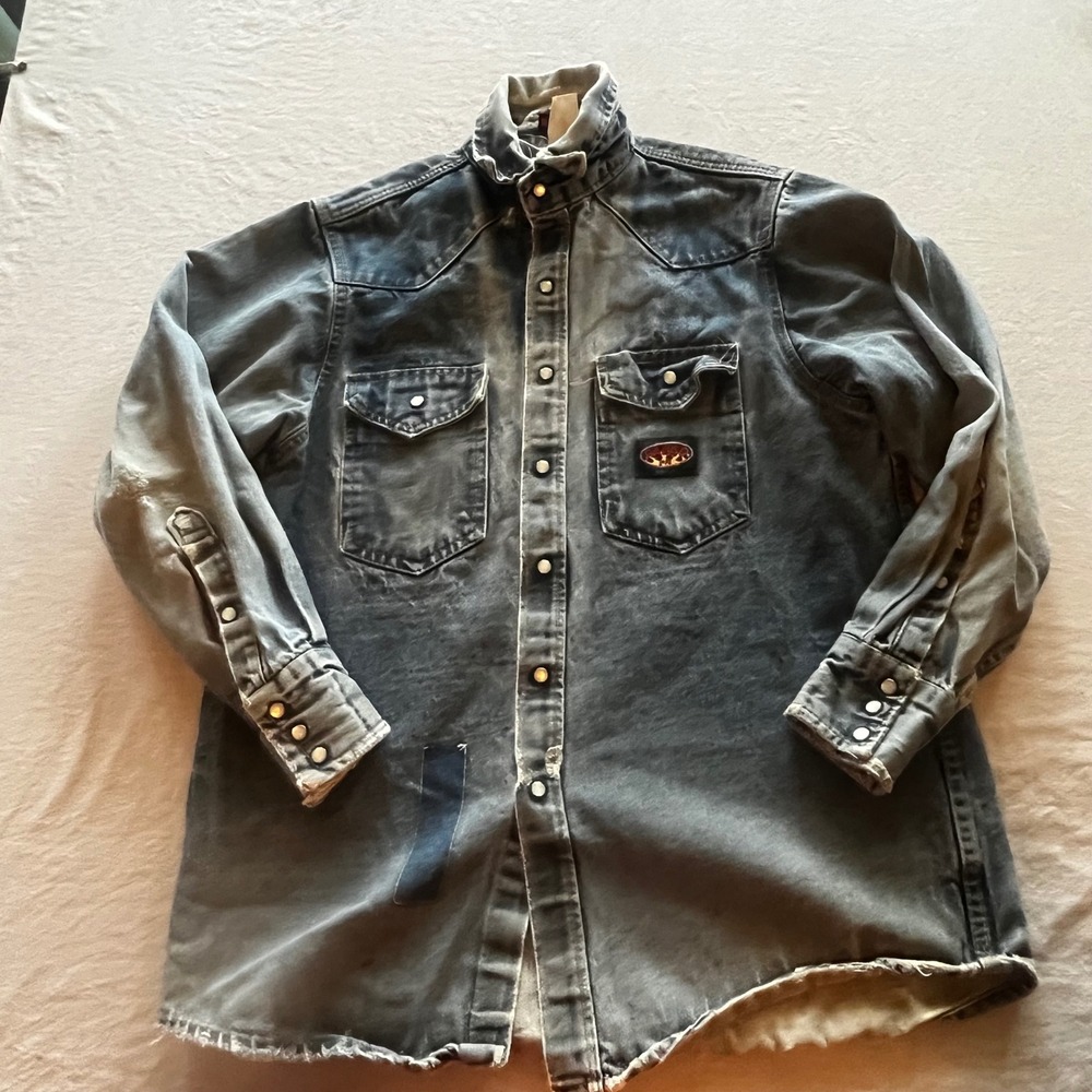 Rasco FR Mens Blue Denim Flame Resistant Work Shirt Large Distressed